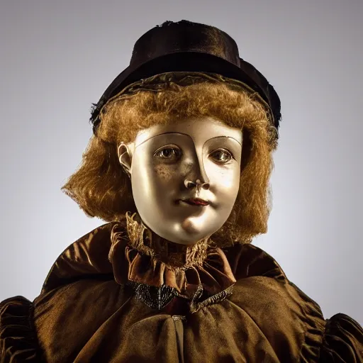 Prompt: close up portrait of a life size victorian female automaton standing with a child, 8 k, soft lighting, highly detailed realistic, face in focus 1 8 9 0's liminal