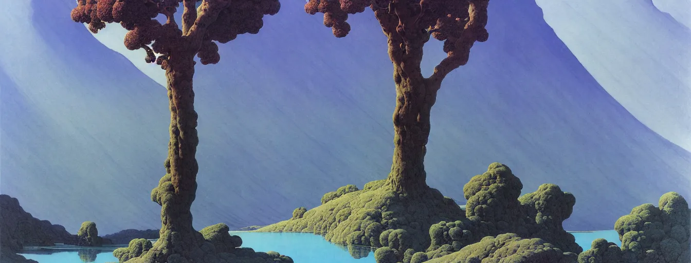 Prompt: a gorgeous very early spring blue desert painting by barlowe wayne maxfield parrish and marco mazzoni. tree no leaf!!!! china mountain village!! grey blue and very little light verdancy. ultra clear detailed. 3 d, octane render. turbulent blood lake.