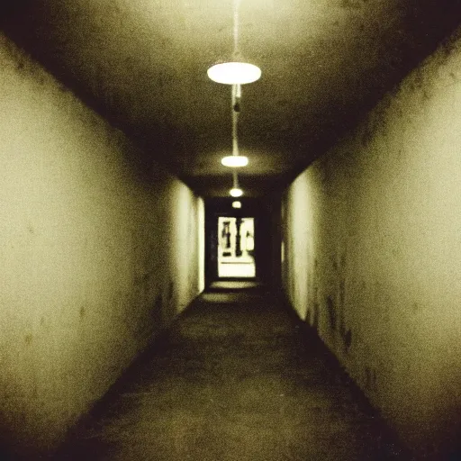 Image similar to low quality polaroid of a narrow dark creepy hallway made out of concrete, yellow painted smile faces on the walls, flickering fluorescent lighting, eerie, horror movie scene