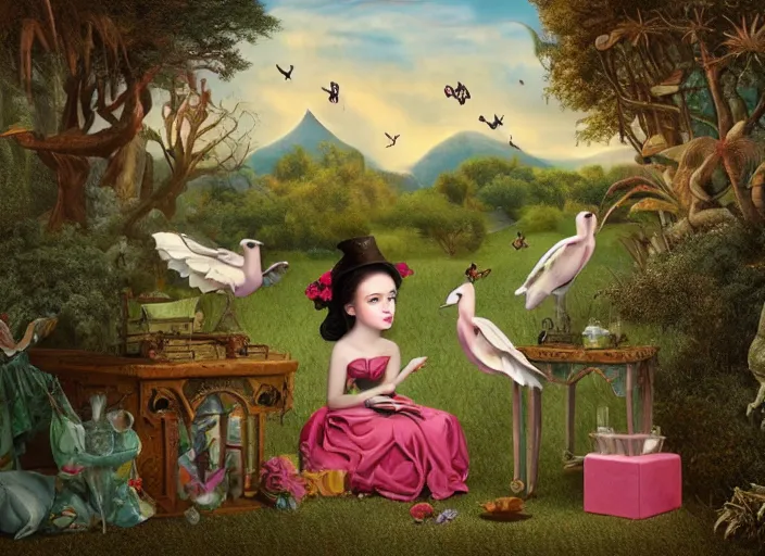 Prompt: 🦩🪐🐞👩🏻🦳, lowbrow, 8 k, matte painting, in the style of mark ryden,