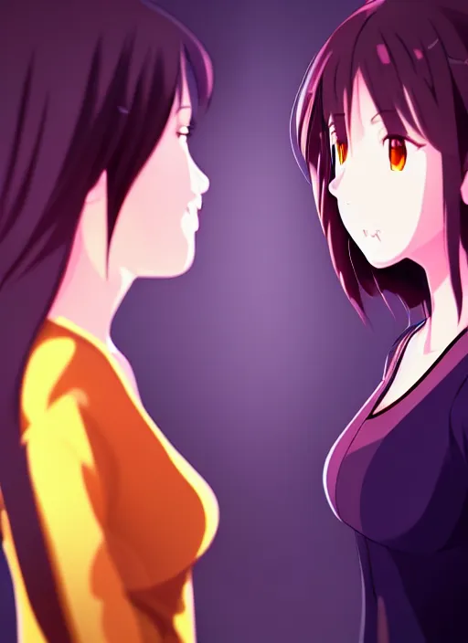 Image similar to two beautiful mothers standing face to face taunting each other, gorgeous faces, smooth, cinematic lighting, detailed anime art