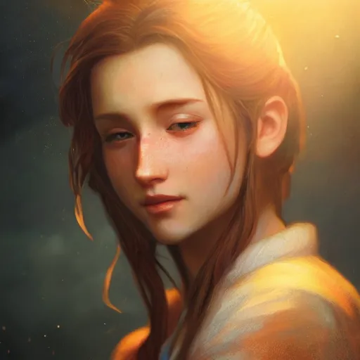 Image similar to Aerith Gainsborough portrait, atmospheric lighting, painted, intricate, volumetric lighting, beautiful, rich deep colors masterpiece, golden hour, sharp focus, ultra detailed, by Leesha Hannigan, Ross Tran, Thierry Doizon, Kai Carpenter,Ignacio Fernández Ríos