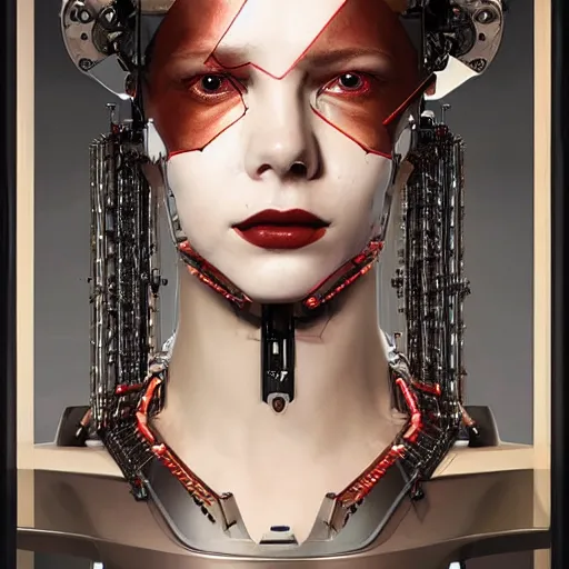 Image similar to A professional portrait of a young cyborg woman made of metal parts, gears, wires as hair, red eyes, lipstick, narrow waist, symmetrical face features, elegant, finely detailed, concept art, in style of Greg Rutkowski,