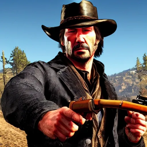 Image similar to Cover art of Red Dead Redemption 3, no text, Keanu Reeves as the main character