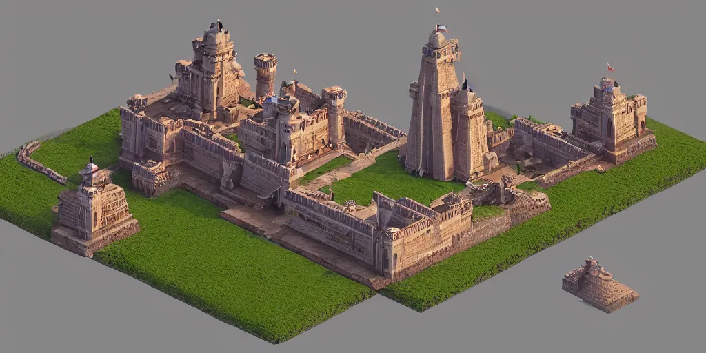 Image similar to isometric 3 d rendering of an indian castle, art deco, octane render, trending on artstation, cgsociety