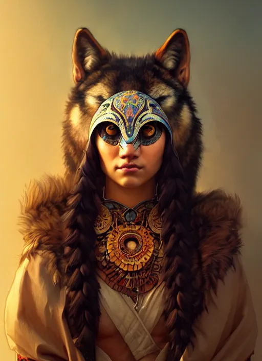 Prompt: portrait of shaman beautiful girl, intrigante, wolf mask, headshot, highly detailed, digital painting, artstation, concept art, sharp focus, cinematic lighting, illustration, art by artgerm and greg rutkowski, alphonse mucha, cgsociety