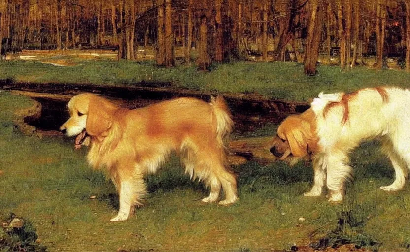 Prompt: a golden retriever walking though Siberia painted by John William Waterhouse