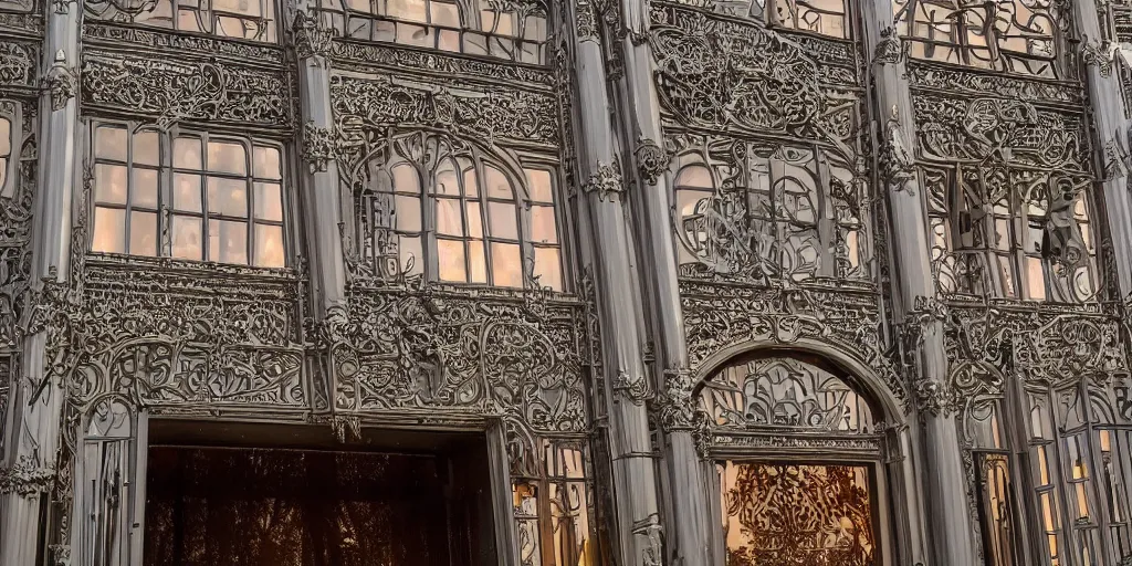 Image similar to extremely detailed ornate stunning sophisticated beautiful elegant victorian museum exterior by Henry Young Darracott Scott and Francis Fowke, stunning volumetric light, stainless steal, concrete, translucent material, beautiful sunset, tail lights