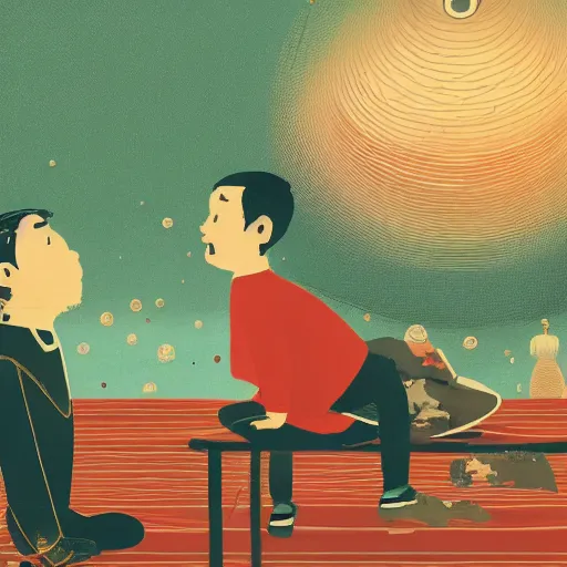 Image similar to a son admiring his father, joyful, illustration by victo ngai, studio muti, malika favre