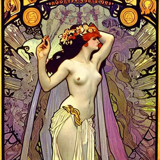 Image similar to persephone as goddess of the underworld, painted by alphonse mucha