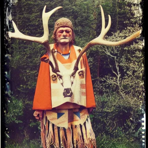 Prompt: over exposed color polaroid photograph of a neolithic european shaman wearing deer clothing