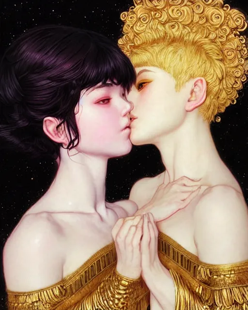 Prompt: portrait of two beautiful cute young maiden girls with short white hairs in warhammer armor kissing, art by ( ( ( kuvshinov ilya ) ) ) and wayne barlowe and gustav klimt and artgerm and wlop