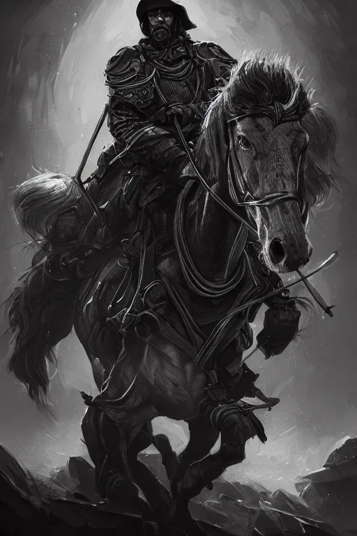 Image similar to a portrait of the horseman of the apocalypse, war, grim - lighting, high - contrast, intricate, elegant, highly detailed, digital painting, artstation, concept art, smooth, sharp focus, illustration