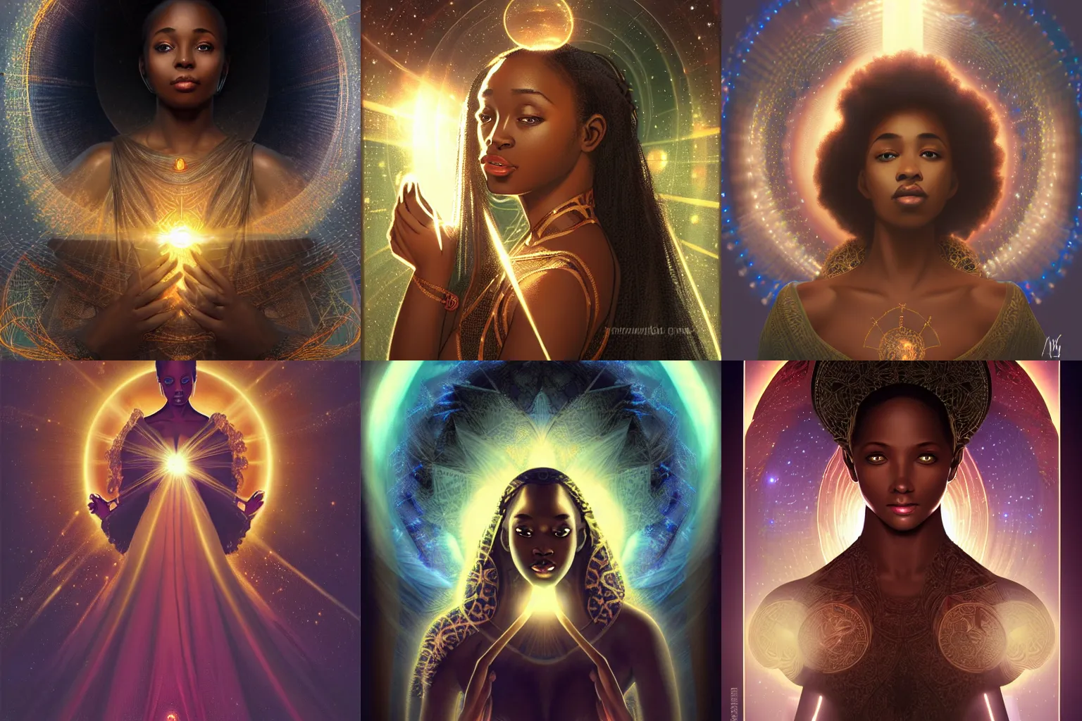 Prompt: black african princess, warm volumetric lighting, cosmic, symmetric, highly detailed, elegant, concept art, heavenly, god rays, glowing aura, warp speed, intricate, sharp focus, illustration, alexandros pyromallis, bouguereau, rutkowski, artgerm, alphonse mucha