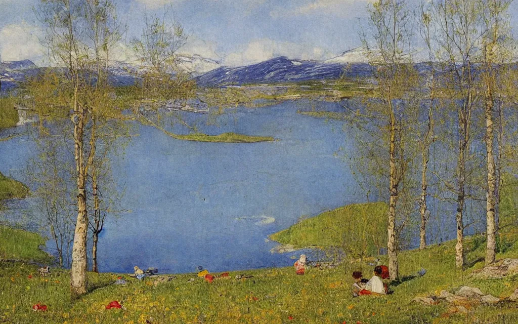 Prompt: a painting of large lake in norway, spring, oil on canvas, by carl larsson