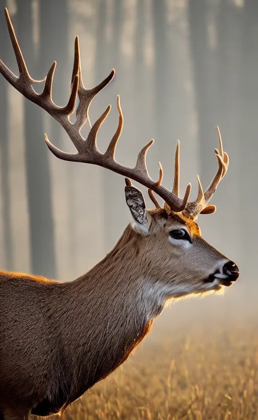 Prompt: a close up portrait of a mighty and deer with antlers looking straight in the camera, there is tall grass, dark forest in the background, phenomenal photography, ambient light, sunrays from the left, fog, 8 5 mm f 1. 8, composition by robert capa
