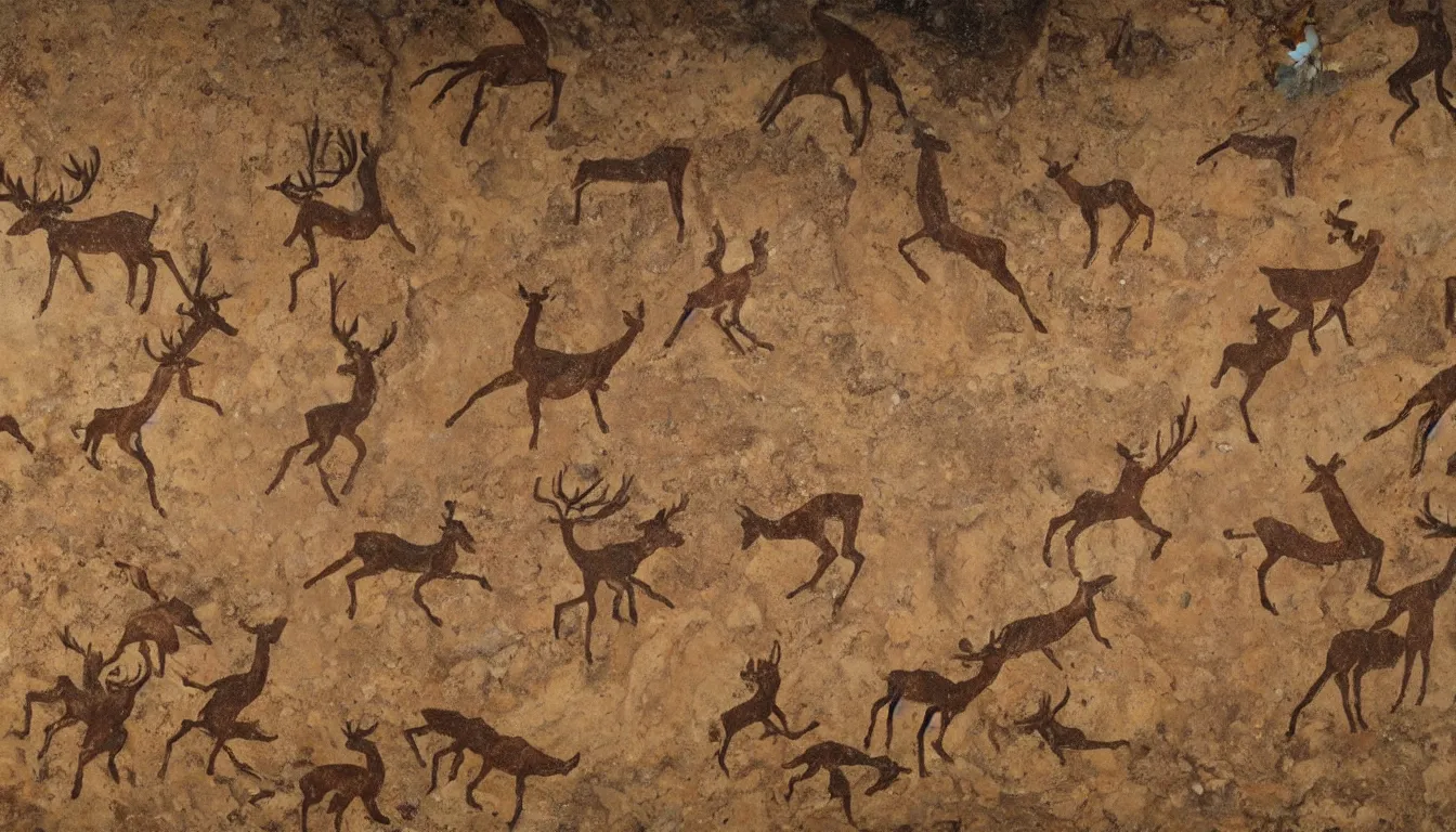 Prompt: cave painting of indigenous people chasing a deer, rock wall, stone, render, unreal engire, beautiful