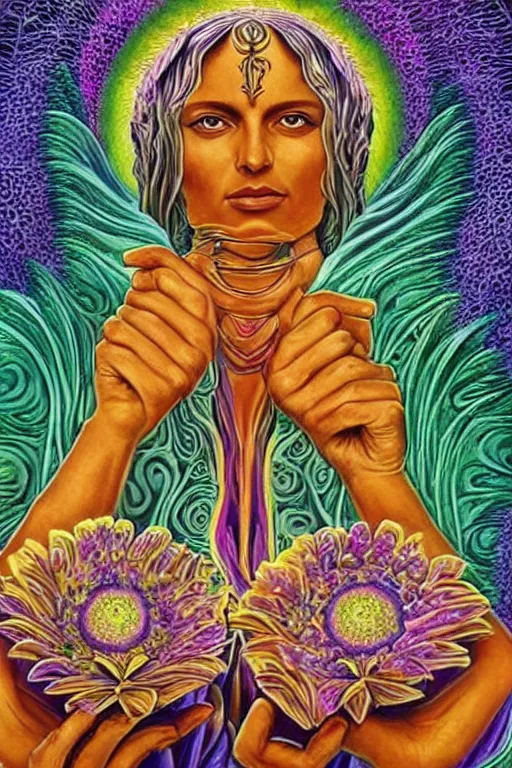 Image similar to goddess of souls holding beautiful flowers in her hands, epic, cinematic, by alex grey