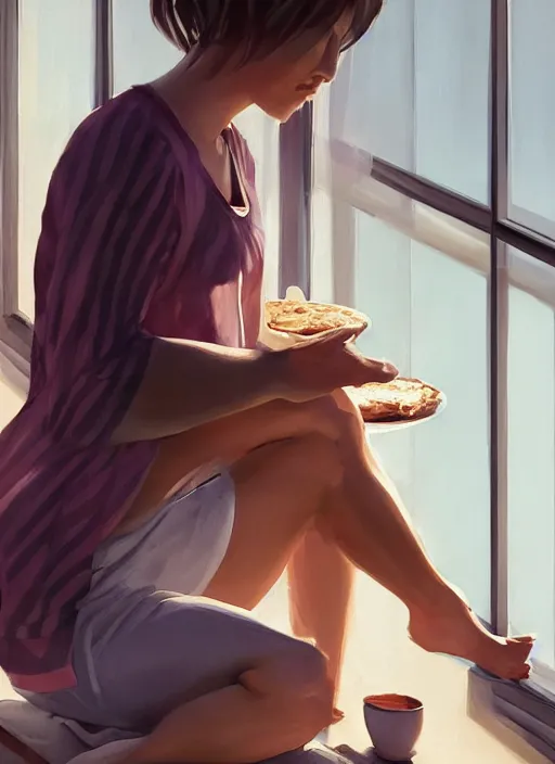 Image similar to woman sitting on the terrace in the morning sun eating porridge, photorealistic, artstation