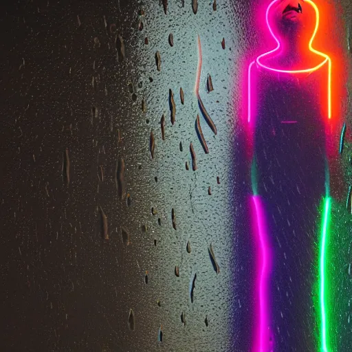 Image similar to a human made out of rain, neon, rendered in octane, unreal engine, highly detailed, realistic, beautiful, emotional