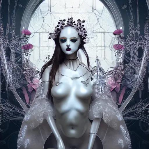 Prompt: female gothic robots with transparent head with mechanical brain, detailed glass and decorated porcelain face, sensual pose, dressed in white intricate lace and jewels, epic environment, matte painting, diffused lighting, highly detailed, cinematic, epic atmosphere, digital art, trending on artstation, wide angle