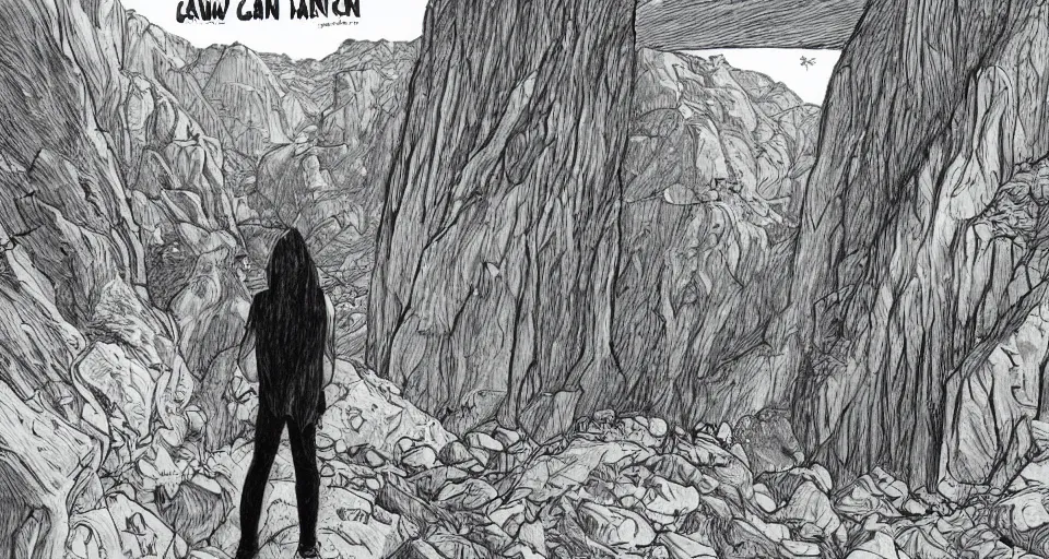 Image similar to a drawing of a person standing in a canyon, an album cover by alson s. clark, tumblr contest winner, underground comix, concert poster, official art, poster art