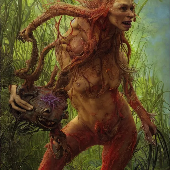 Prompt: a portrait photograph of claire danes as a brightly colored satyr amphibian hybrid with wet mutated skin. wearing a organic catsuit. by tom bagshaw, donato giancola, hans holbein, walton ford, gaston bussiere, brian froud, peter mohrbacher and magali villeneuve. 8 k, cgsociety