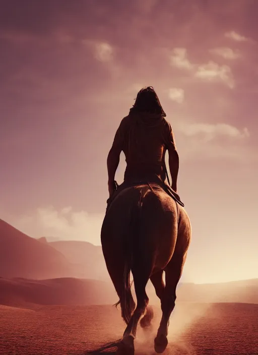 Prompt: horse on back of a man walking in desert, volumetric lighting, beautiful, golden hour, sharp focus, ultra detailed, cgsociety by leesha hannigan, ross tran, thierry doizon, kai carpenter, ignacio fernandez rios, noir photorealism, film