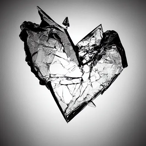 Prompt: Heart made of glass breaking, shards flying, extremely dramatic photo, studio lighting