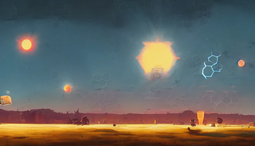 Prompt: hexagons traveling the sun in space, planet earth in foreground, simon stalenhag