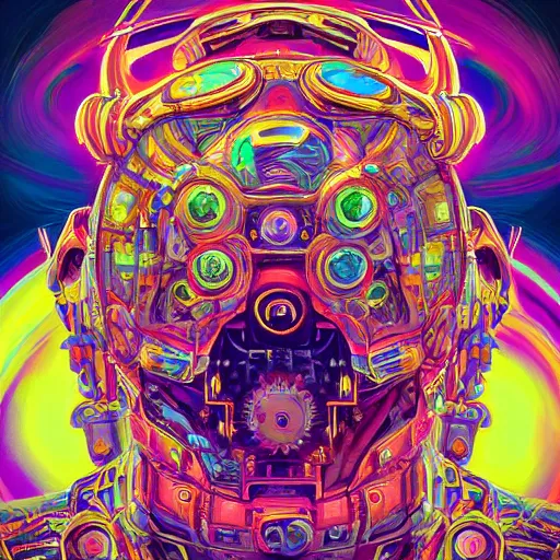 Image similar to An extremely psychedelic experience, colorful, surreal, mecha, robot portrait,LSD, face, jet turbine, tarot, detailed, intricate, elegant, highly detailed, super detailed, insane detailed, digital painting, concept art, smooth, sharp focus, unreal engine, illustration, art by josan gonzales, Krenz Cushar, Marco Plouffe, dan mumford, Artem Demura and alphonse mucha