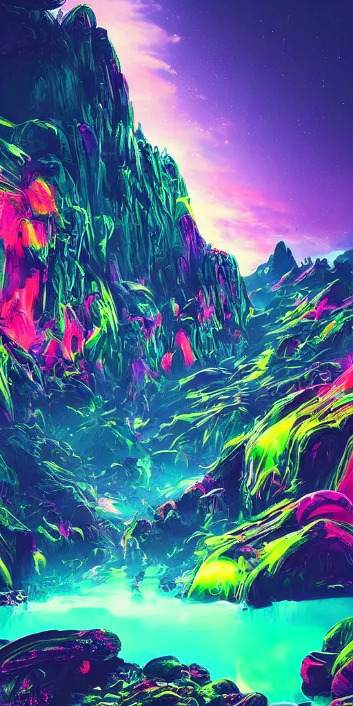 Prompt: a beautiful neon alien landscape, mountains, neon waterfalls