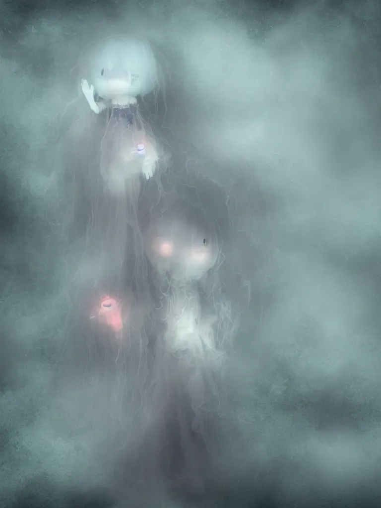 Prompt: cute fumo plush smiling ectoplasmic jellyfish ghost girl waving in deep fog over mysterious waters, patchwork doll chibi gothic maiden in tattered melting rags, glowing wisps of hazy green smoke and eerie blue volumetric fog swirling about, moonlight, glowing lens flare, black and white, vray