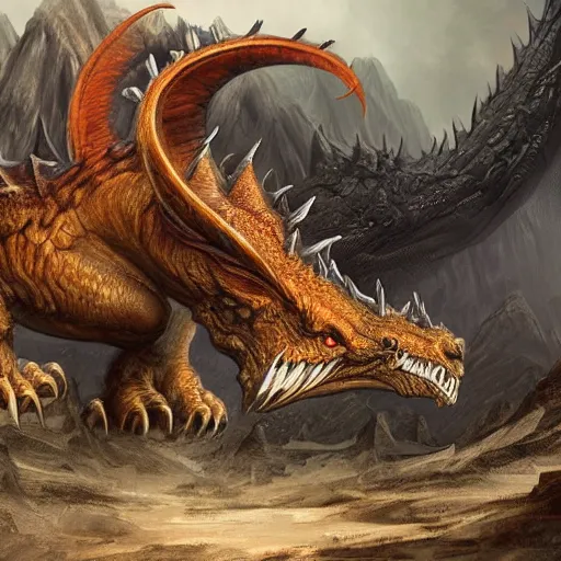 Prompt: a matte painting of a dragon, Piercing amber eyes sit low within the creature's narrow, horned skull, which gives the creature a vicious looking appearance. One enormous central horn sit atop its head, just above its enormous, curved ears. Small fan-like skin and bone structures runs down the sides of each of its jaw lines. Its nose is pointy and has two short, curved nostrils and there are small crystal growths on its chin. Several rows of large teeth poke out from the side of its mouth and give a preview of the terror hiding inside.