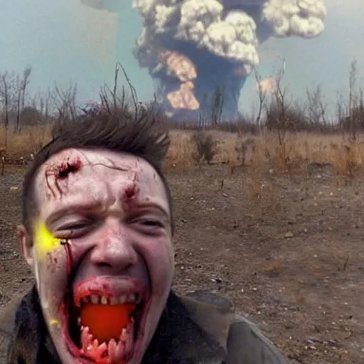 Prompt: a selfie of a ukrainian screaming in pain and terrible injuries from a nuclear explosion, everything is on fire and radiation, in the background people look like zombies are corpses and chocklets, a large nuclear explosion in the background, people are painted in yellow - blue uveta, all dirty with severed limbs, bad day