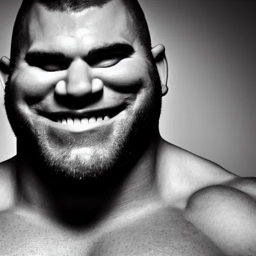 Image similar to Black and white photography of a very muscular shrek smiling with a chiseled jawline and trimmed beard