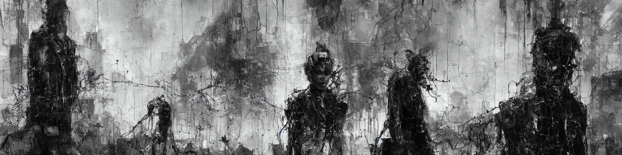 Image similar to lost and alone in an industrial wasteland screaming cyberpunk, wires, machines by emil melmoth zdzislaw belsinki craig mullins yoji shinkawa realistic render ominous detailed photo atmospheric by jeremy mann francis bacon and agnes cecile ink drips paint smears digital glitches glitchart