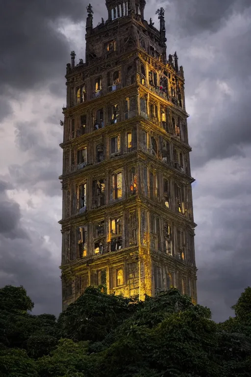 Image similar to view of the old tower and its gardens after a storm, tall windows lit up, beautiful ornamental architecture, dramatic cinematic lighting, rich colors, by Caspar David Friedrich and Diego Rivera, smooth, sharp focus, extremely detailed, featured on artstation