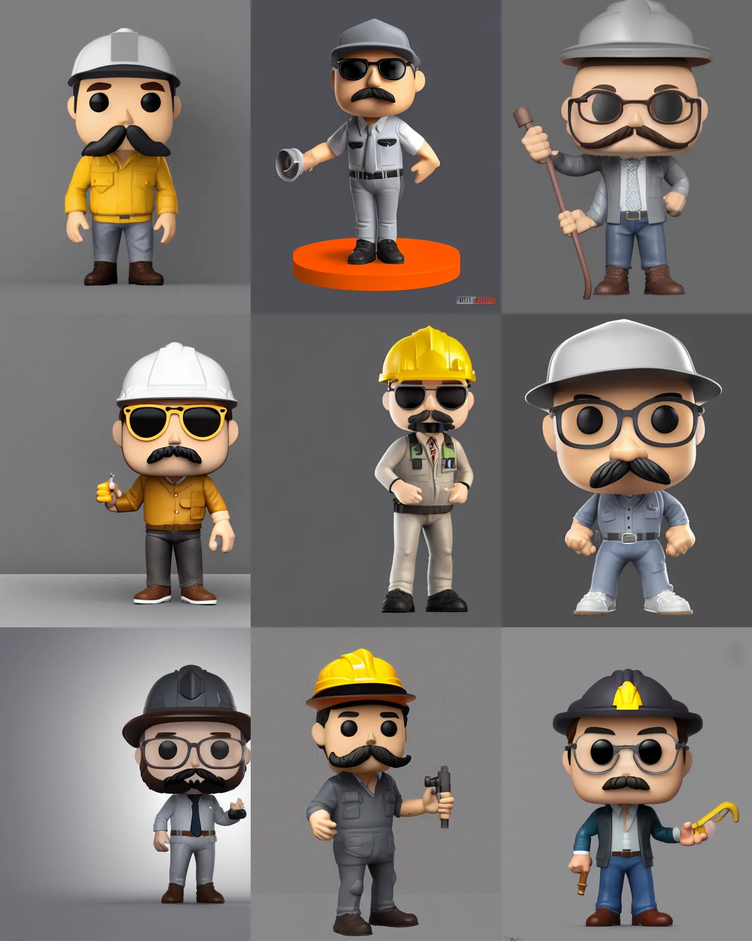 Prompt: full body 3 d render of civil engineer with mustache as a funko pop!, studio lighting, grey background, single body, no shadow, blender, trending on artstation, 8 k, highly detailed
