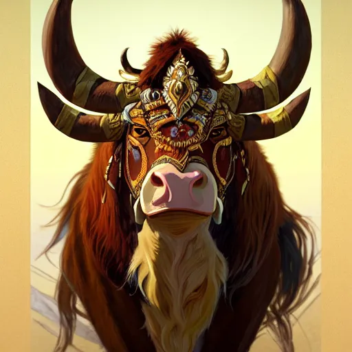 Image similar to Portrait of a Tauren chieftan, golden accents, face, fantasy, intricate, elegant, highly detailed, digital painting, artstation, concept art, smooth, sharp focus, illustration, art by Wei Fan and Fernanda Suarez and Artem Demura and alphonse mucha