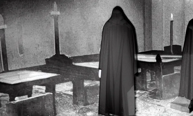 Image similar to cultists dressed in robes with masks and gloves, burnt church interior, ceremonial, realistic photo, cctv footage, investigative footage