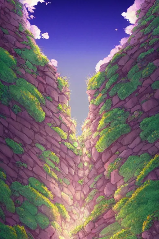 Image similar to stone wall stretching to the sky at the edge of the world, 4 k digital paint by studio ghibli hayao miyazaki. vivid colours, vaporwave lighting style, very sharp and detailed. trending on artstation and behance.
