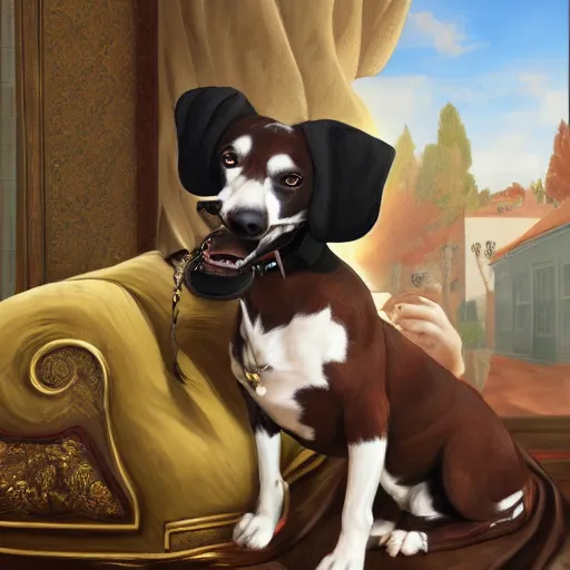 Prompt: Snoop Dogg is smelling a dog, rococo painting, smooth, sharp focus,, pixiv, ultra highly detailed