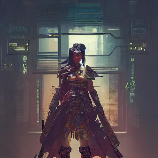 Image similar to cyberpunk samurai ,with techware , D&D, intricate, elegant, highly detailed, digital painting, japanese , altered carbon style,trending on artstation, concept art, illustration, art by Artgerm and Greg Rutkowski and Alphonse Mucha