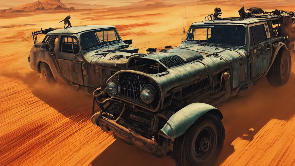 Image similar to illustration of mad max's fj 4 0 pursuit special, the last v 8 interceptor driving down to the gates of valhalla highway, fury road, eternal shiny and chrome, world of fire and blood, by makoto shinkai, ilya kuvshinov, lois van baarle, rossdraws, basquiat, studio ghibli, global illumination ray tracing hdr