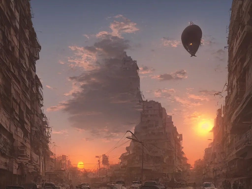 Image similar to streets of delhi, sunset, airship in the sky, clear skies in the distance, hyperreal, artstation