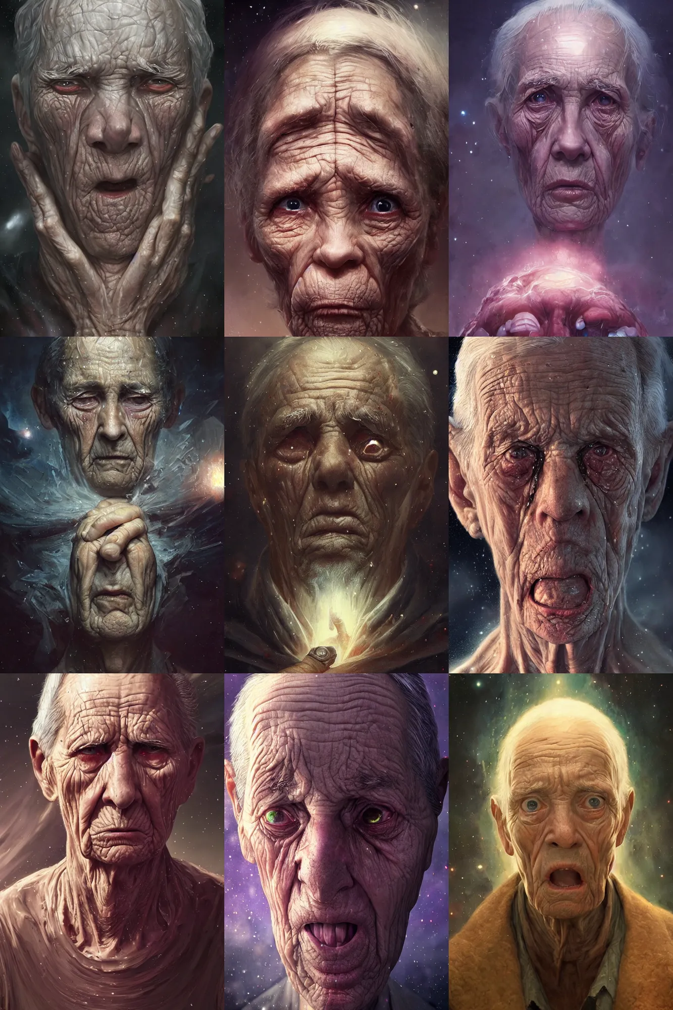 Prompt: the look of an elderly person with terrified look, unspeakable shock and tears, 4 1 6 0 full of wrinkles and imperfections by artgem and greg rutkowski, highly detailed, high contrast, light reflection, trippy, nebula, trending on artstation