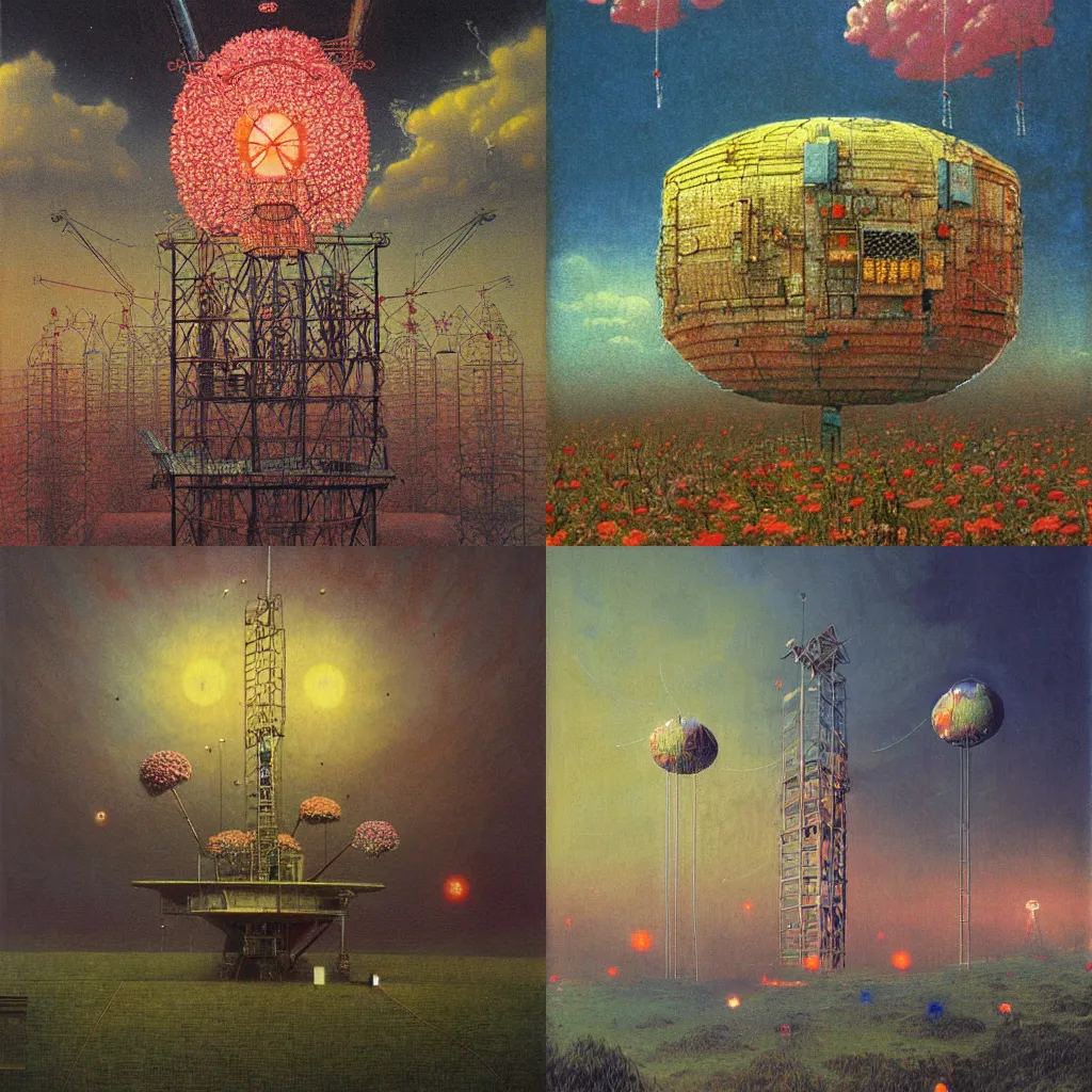 Prompt: detailed painting of a satellite station, exterior, floral ornaments, volumetrics, meaming bright lights from the clouds, beksinski, minoru nomata