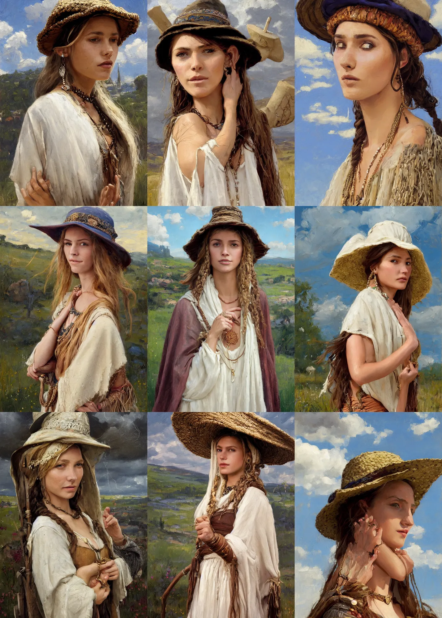 Prompt: portrait of medieval farmer beautiful young girl with wooden jewelry, mediterranean features, wearing rich jewerly hat and white boho poncho, fantasy character close up portrait, decollete, lying dynamic pose, Low poly, sunny day, thunder clouds in the sky, artwork by Jeremy Lipkin and Giuseppe Dangelico Pino and Michael Garmash and rob rey, levitation, industrial rusty pipes, simple form, brutal shapes