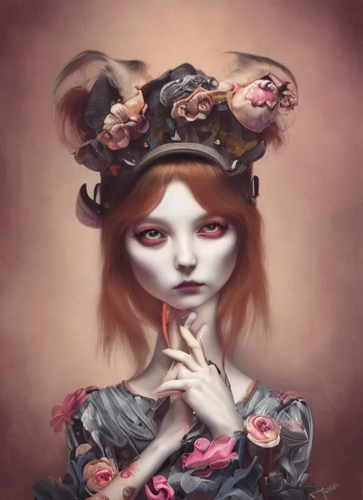 Prompt: pop surrealism, lowbrow art, realistic cute alice girl painting, japanese street fashion, hyper realism, muted colours, rococo, loreta lux, tom bagshaw, mark ryden, trevor brown style